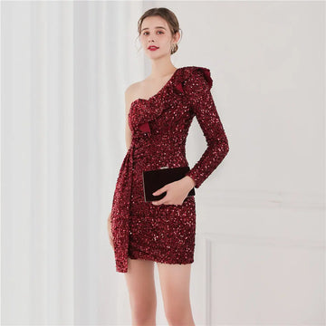 Constance One Shoulder Ruffles Sequin Mini Dress Thusfar